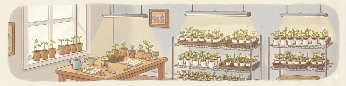 Thriving indoor garden setup with grow lights, containers, and fresh vegetables growing year-round indoors